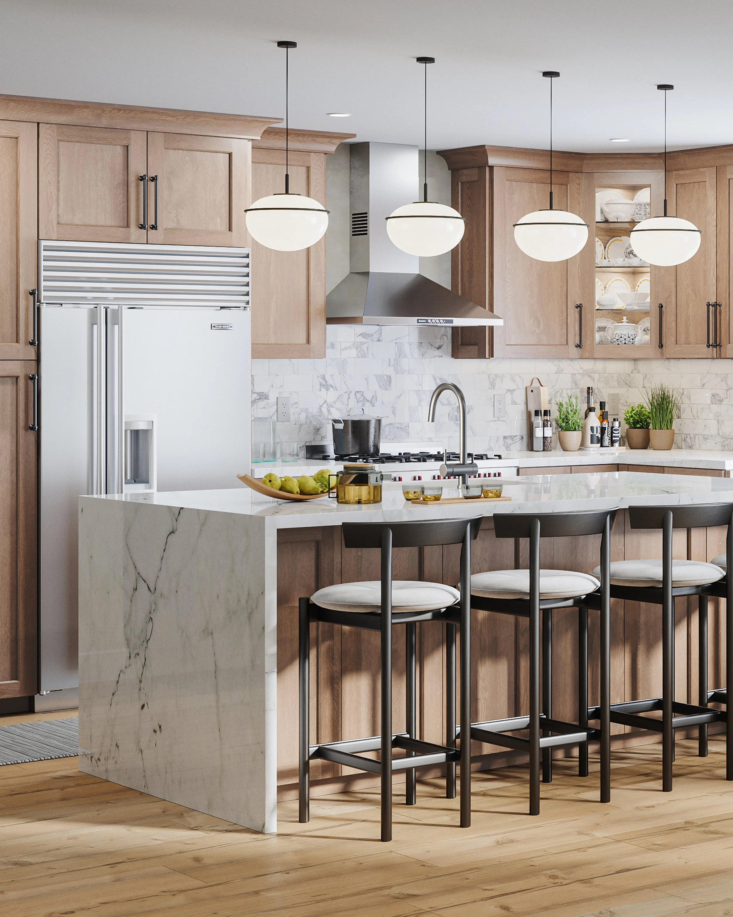 Modern kitchen with wooden cabinets, marble island, and four black stools. Pendant lights hang over the island, with a white refrigerator, stove, and open shelves displaying dishes and plants.