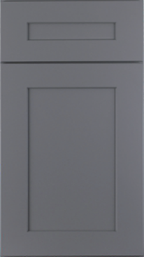 Gray kitchen cabinet with a drawer and a door.