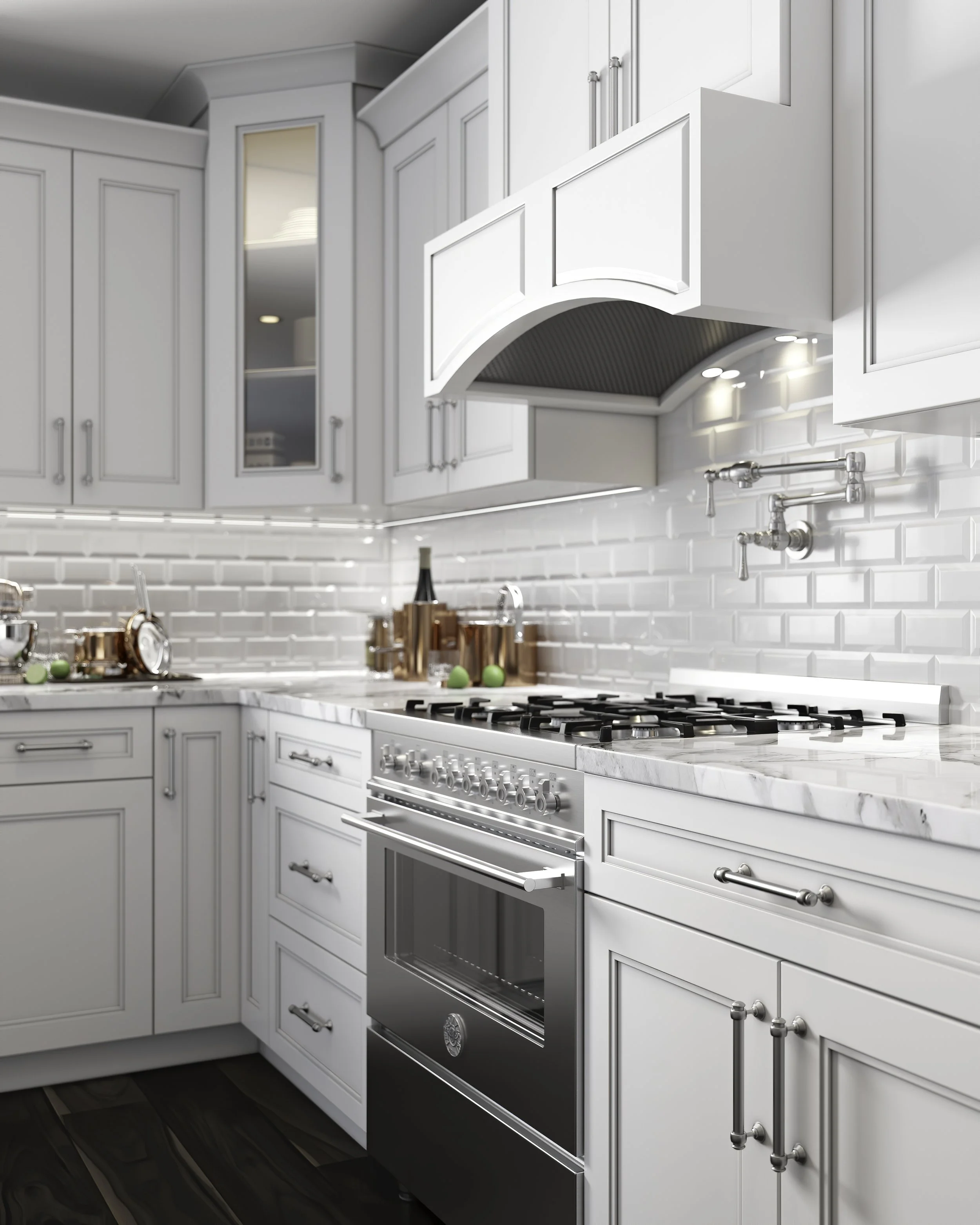 Modern white kitchen with cabinetry, a stainless steel oven, and a white subway tile backsplash. Copper pots and green apples are on the counter.