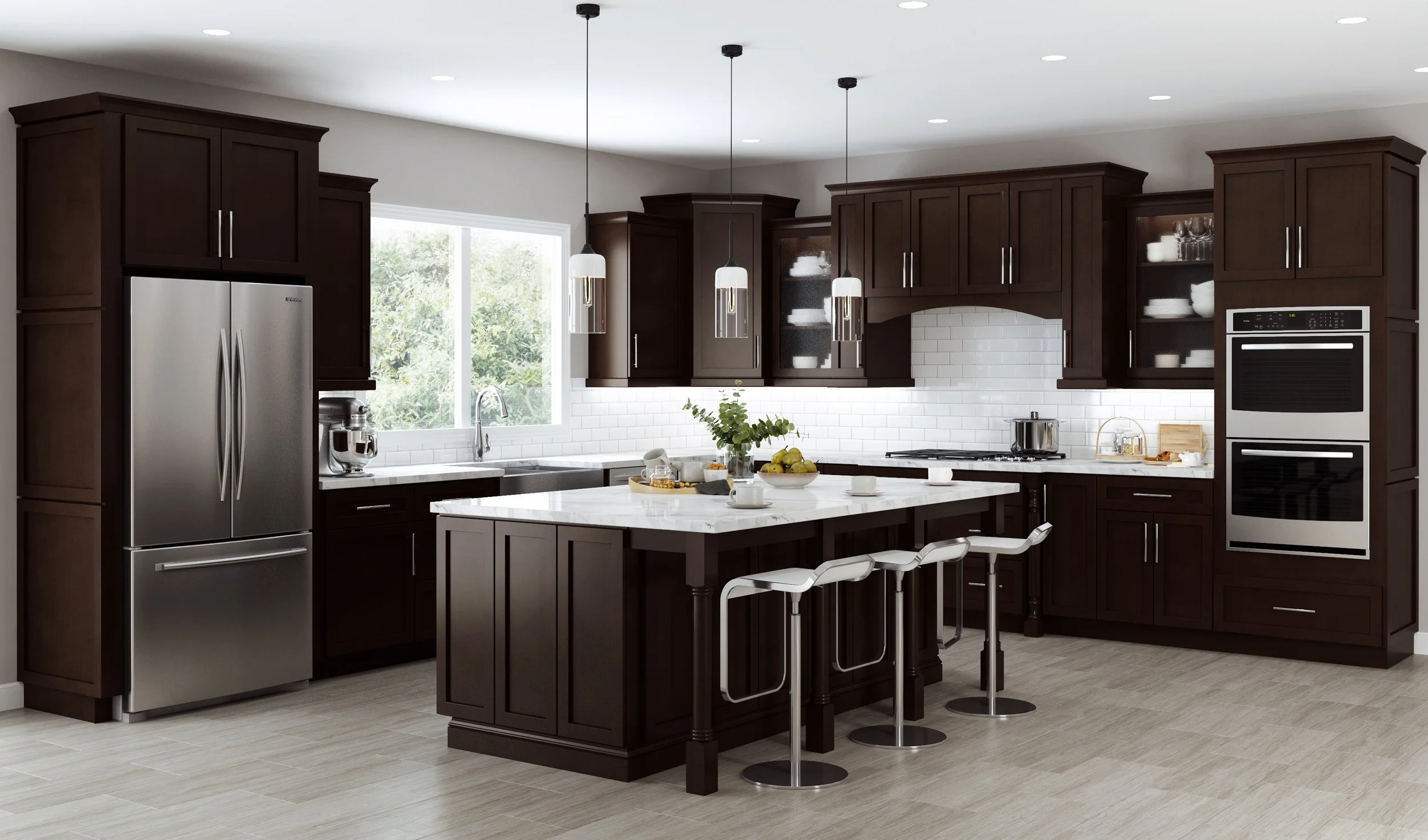 Modern kitchen with dark wood cabinets, white marble island, stainless steel refrigerator, double oven, and hanging pendant lights, with a window overlooking greenery.