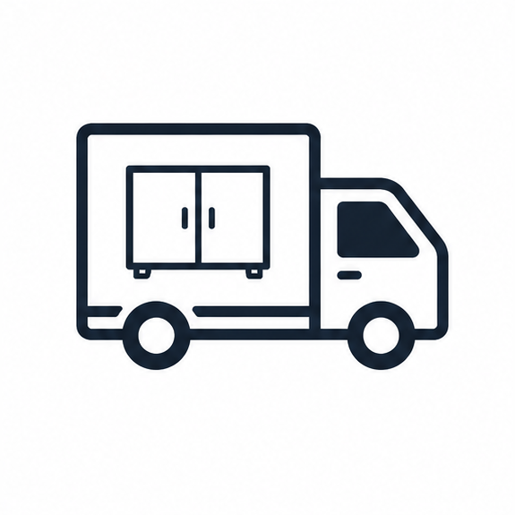 Simple icon of a moving truck with a cabinet inside.