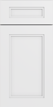 Close-up of a white kitchen cabinet door with a raised panel design.