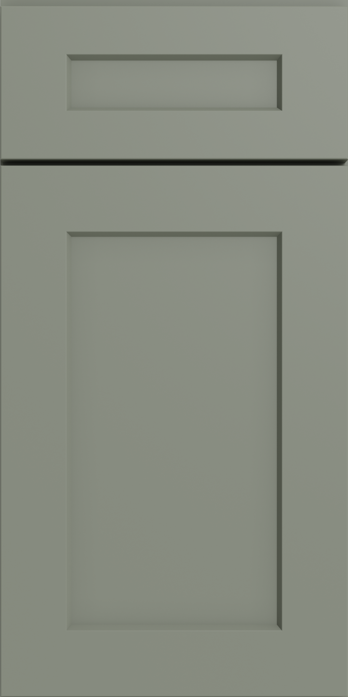 Close-up of a light green cabinet door with a recessed panel design.