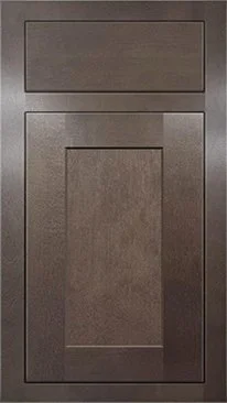 Brown wooden cabinet with a rectangular panel on top and a larger door below