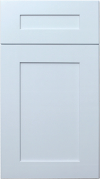 Light blue kitchen cabinet with a drawer on top and a door below.