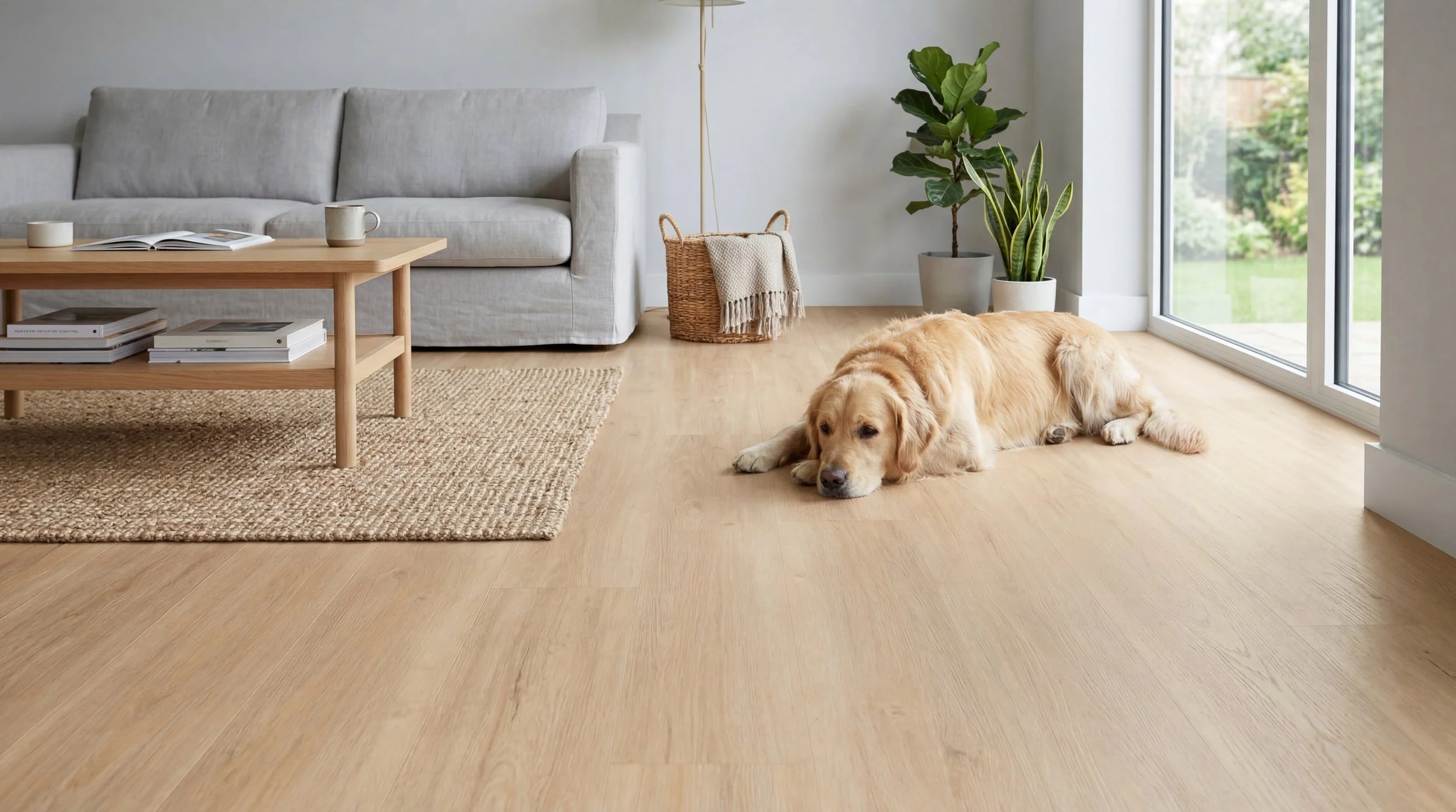 A golden retriever lying on a light wooden floor in a living room with a gray sofa, a coffee table with magazines and a mug, potted plants, and large windows showing a garden outside.