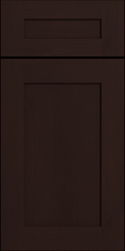 Close-up of a dark brown kitchen cabinet door with a recessed panel