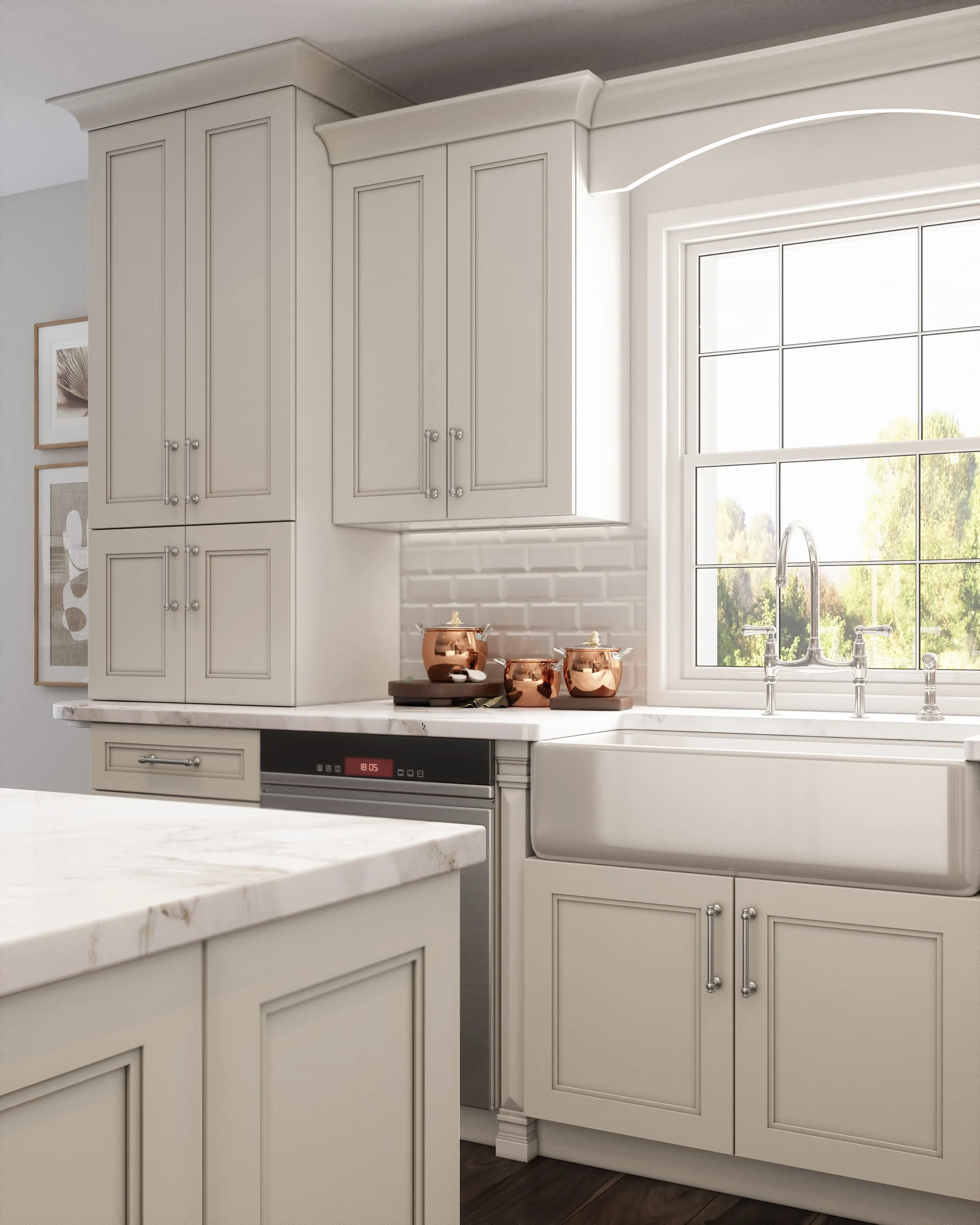 Kitchen with white cabinetry, marble countertops, and a large window with a view of trees outside.