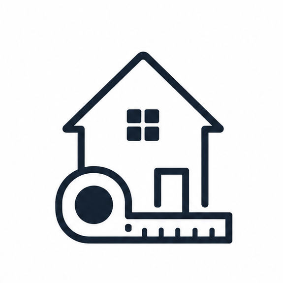 Icon of a house with a ruler and a circle measurement tool indicating home measurement or construction.