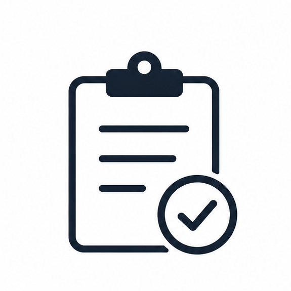 Icon of a clipboard with lines representing text and a checkmark circle at the bottom right.