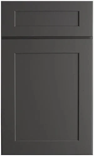 A close-up of a dark gray cabinet door with a rectangular inset panel and a horizontal raised panel at the top.