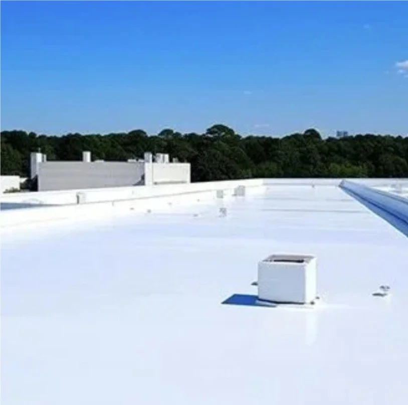 View of a white rooftop with vents and an HVAC unit, against a backdrop of green trees and a blue sky.