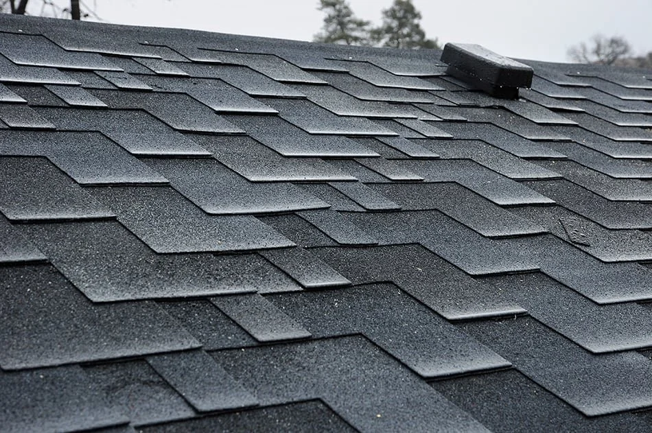 Close-up of a black asphalt shingle roof with a vent pipe and overcast sky in the background.
