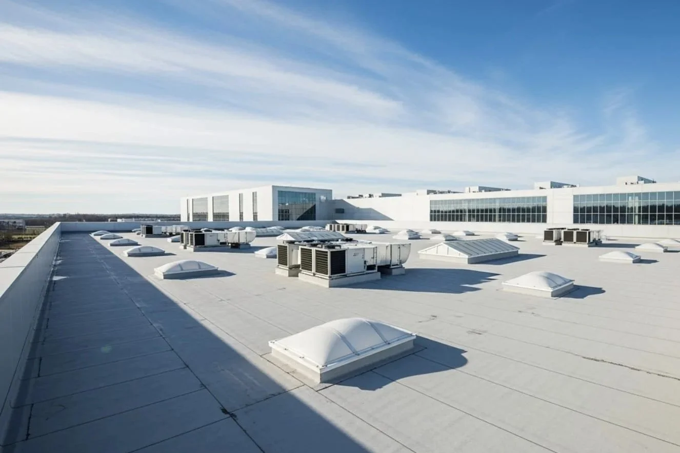 View of a building's flat rooftop with multiple HVAC units and vents, background shows a modern glass building and a blue sky with wispy clouds.