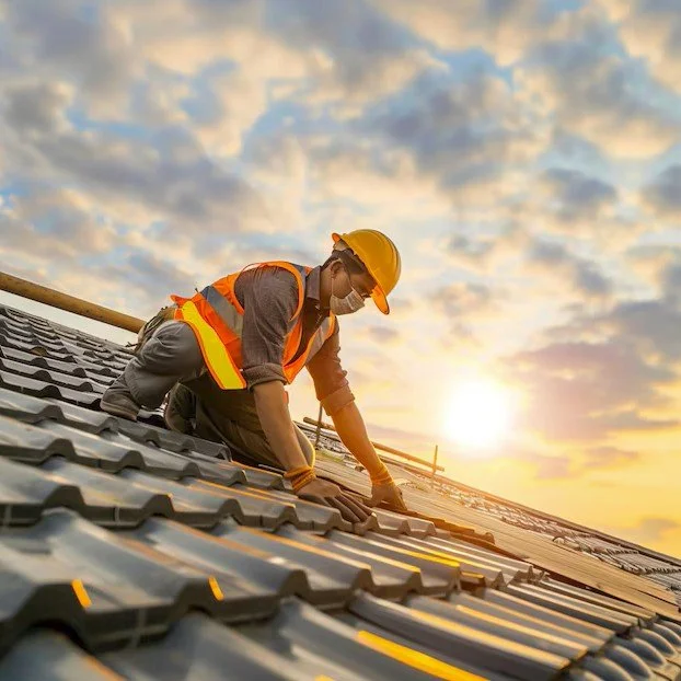 A construction worker wearing a yellow hard hat and safety vest kneels on a tiled roof during sunset, working on the roofing.