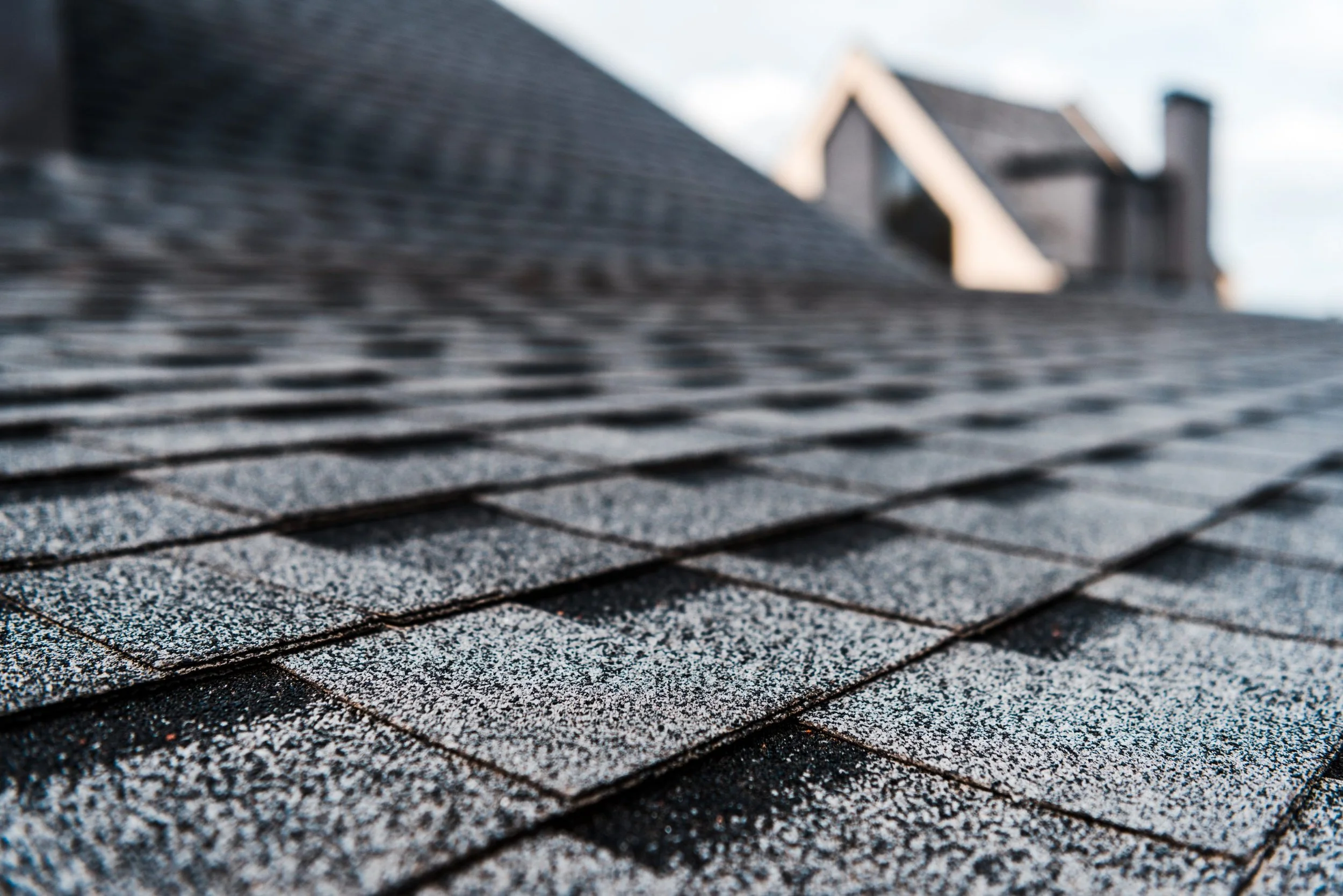 Close-up of asphalt shingles on a roof with slightly rough texture and individual shingle details, with a blurred house in the background under cloudy sky.