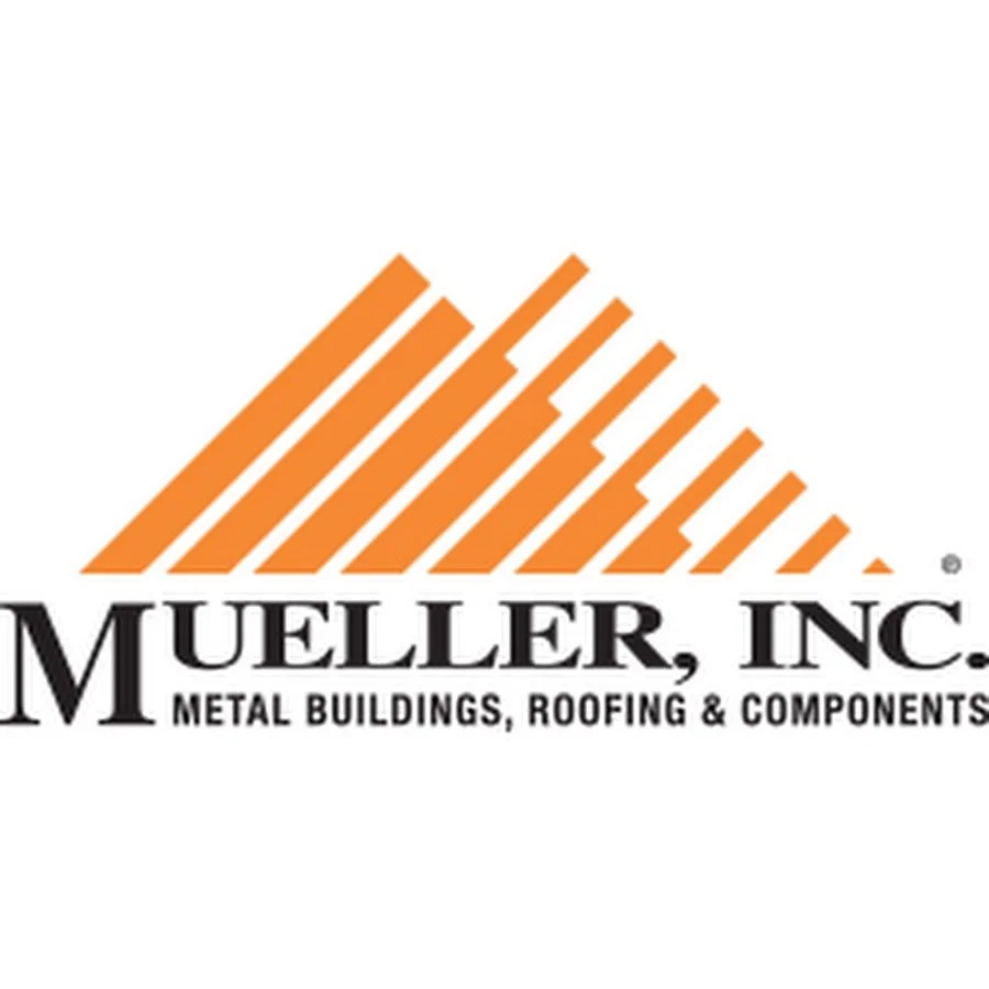 Logo for Mueller, Inc. featuring an orange stylized roof made of parallel lines and text indicating metal buildings, roofing, and components.