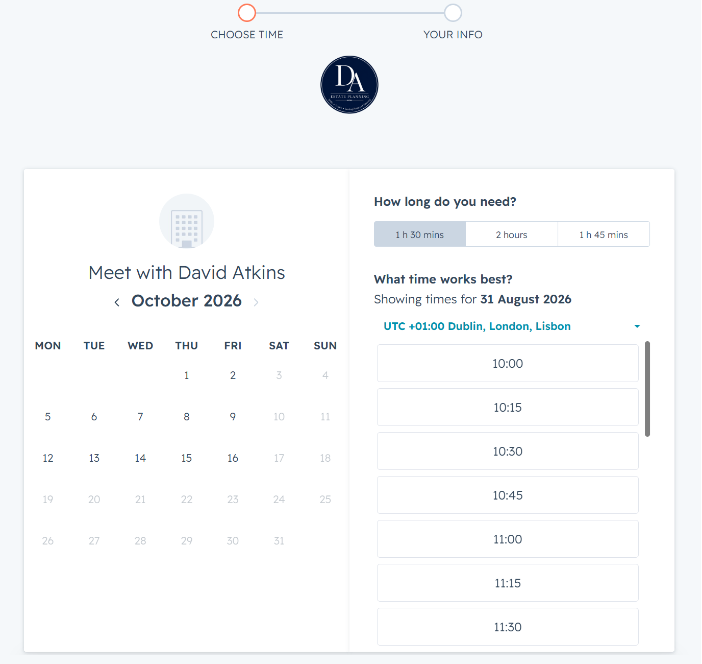 DA Estate Planning online booking calendar for Will writing and LPA consultation.