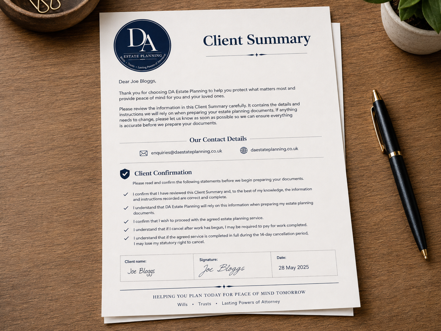 DA Estate Planning client summary and consultation report documents.