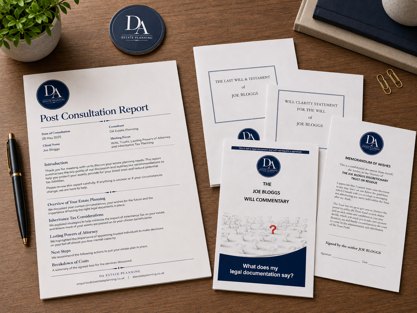 Wills, Lasting Powers of Attorney, and Trust documents on desk.
