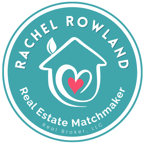 Logo for Rachel Rowland Real Estate Matchmaker, featuring a house with a red heart and a chimney with a leaf, in a teal circle with white text.
