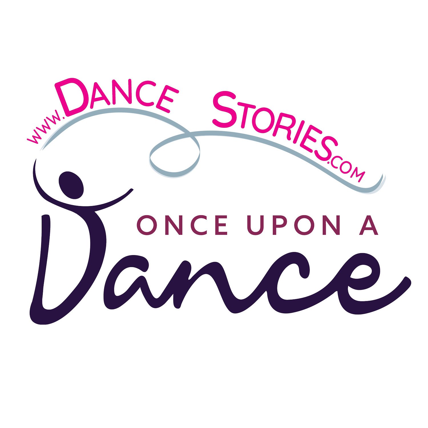 Logo for Once Upon a Dance, featuring a stylized dancer outline, the website URL www.dancestories.com, and colorful text with the words 'Once Upon a Dance'.