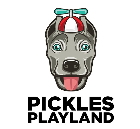 A cartoon gray dog wearing a red and white cap and a blue propeller hat, with the words 'Pickles Playland' below.