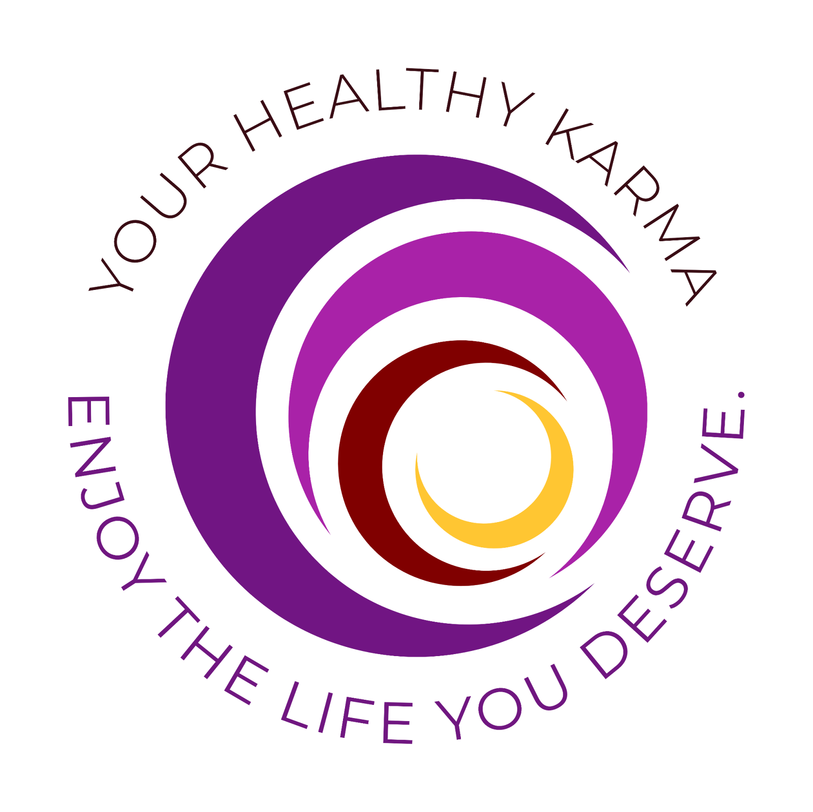 A logo with a spiral design in purple, red, or yellow shades, accompanied by the text 'Your healthy karma' and 'Enjoy the life you deserve'.