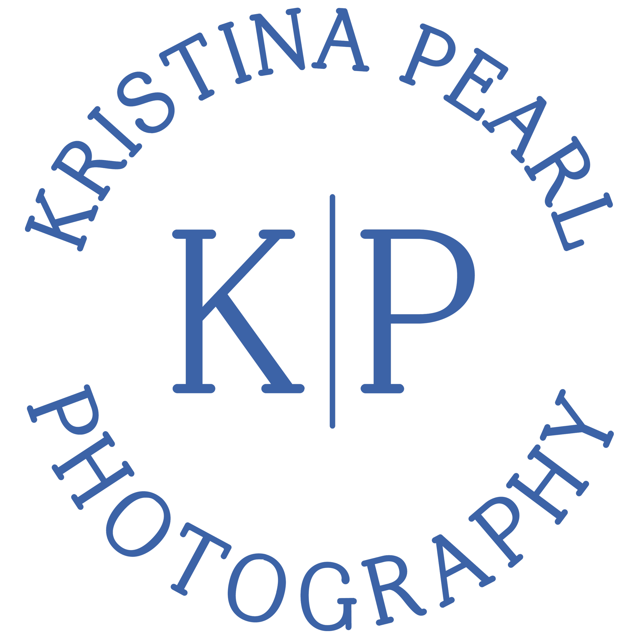 Logo with a black background, blue circular text reading 'KIRISTINA PEARL PHOTOGRAPHY', and a blue 'KP' initials in the center.