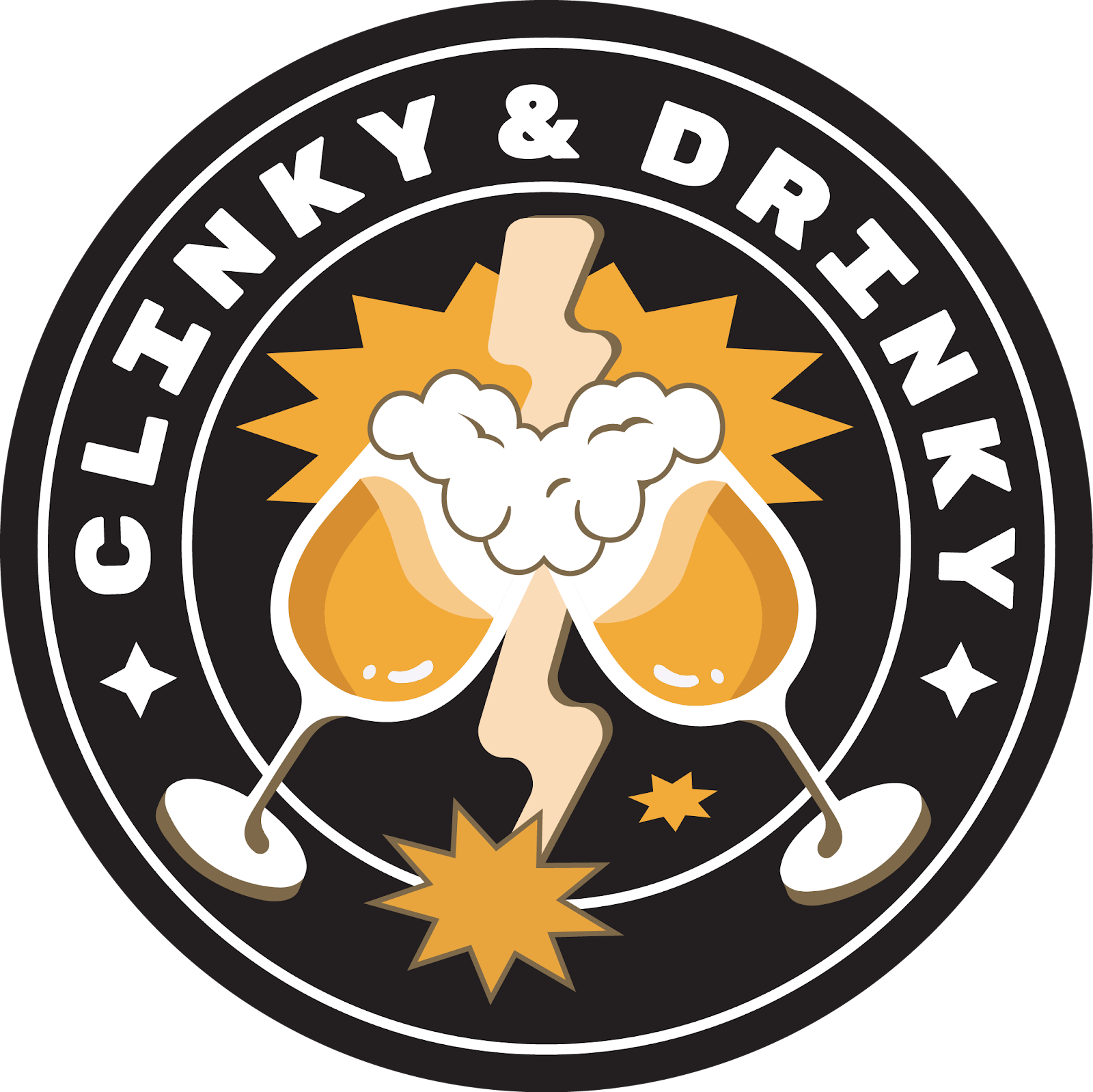 Logo of Clinkky & Drinky with a stylized beer mug and two beer glasses clinking, causing an explosion and bubbles, surrounded by the company name.
