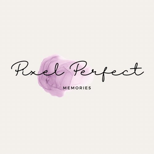 Text overlay on a light background reading "Pixel Perfect Memories" with a purple watercolor splash behind the word "Pixel".