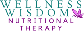 Text graphic with the words 'Wellness Wisdom Nutritional Therapy' in turquoise and purple fonts, with a purple leaf icon.