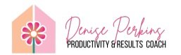 Logo with a pink flower inside a pink hexagon, and the text 'Denise Perkins Productivity & Results Coach' in script and serif fonts.