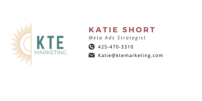 Business card for Katie Short, Meta Ads Strategist, with contact information and company logo for KTE Marketing.