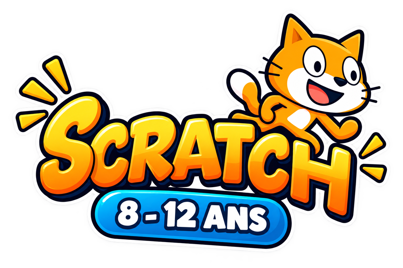 Logo coloré de jeu pour enfants avec un chat cartoon orange qui court, texte "SCRATCH" en grande jaune avec contour noir, mention "8-12 ANS" en blanc sur fond bleu.