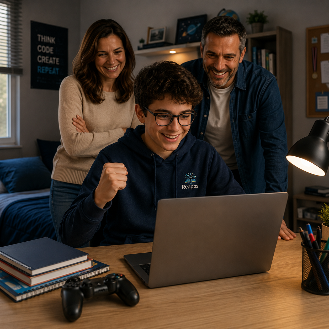 Un adolescent enthousiaste regarde un ordinateur portable en étant encouragé par une femme et un homme qui sourient derrière lui dans une chambre, entourés de livres, d'une console de jeux et d'une lampe de bureau.