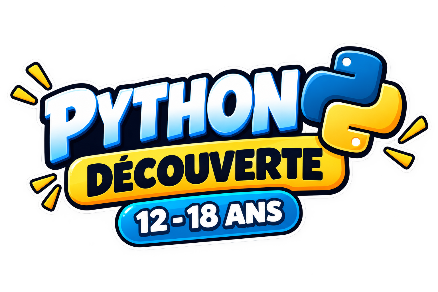 Logo coloré pour une activité découverte de Python pour les 12-18 ans, avec un style dynamique et attrayant.