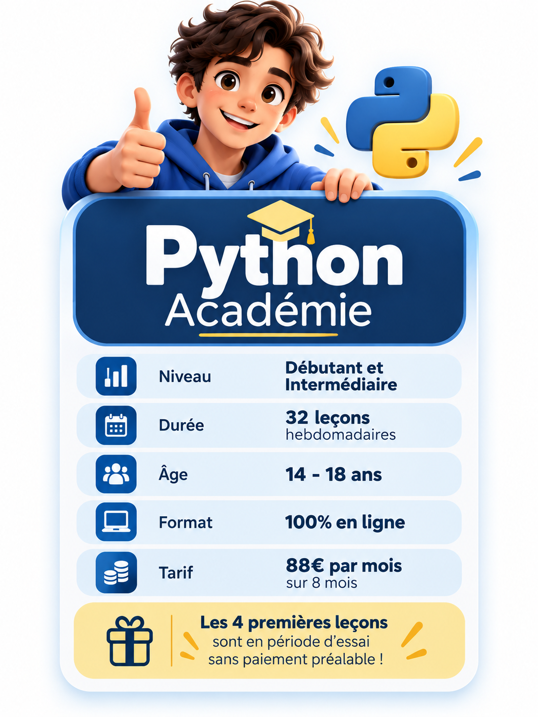 Affiche promotionnelle pour une formation en ligne Python pour les adolescents, avec un garçon souriant donnant un pouce en l'air, incluant des détails sur le niveau, la durée, l'âge, le format, le tarif, et une offre d'essai gratuit pour les premières leçons.