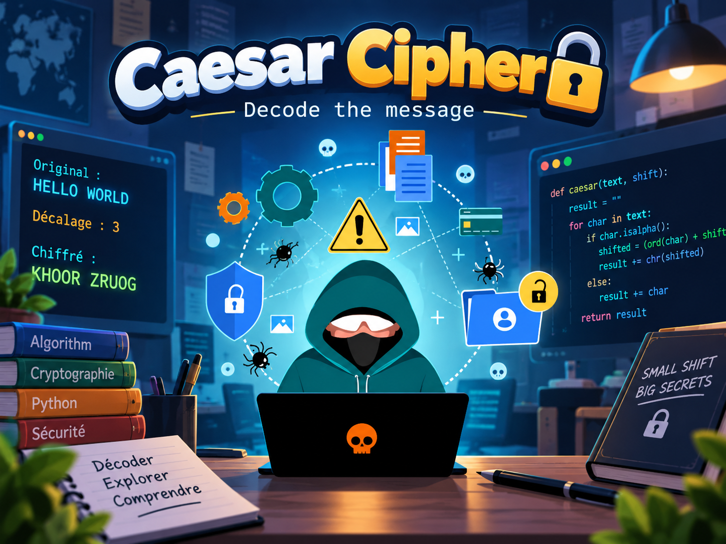 Illustration d'un hacker masqué utilisant un ordinateur avec des éléments liés à la cryptographie, la sécurité et le codage, dans un environnement de cybersécurité