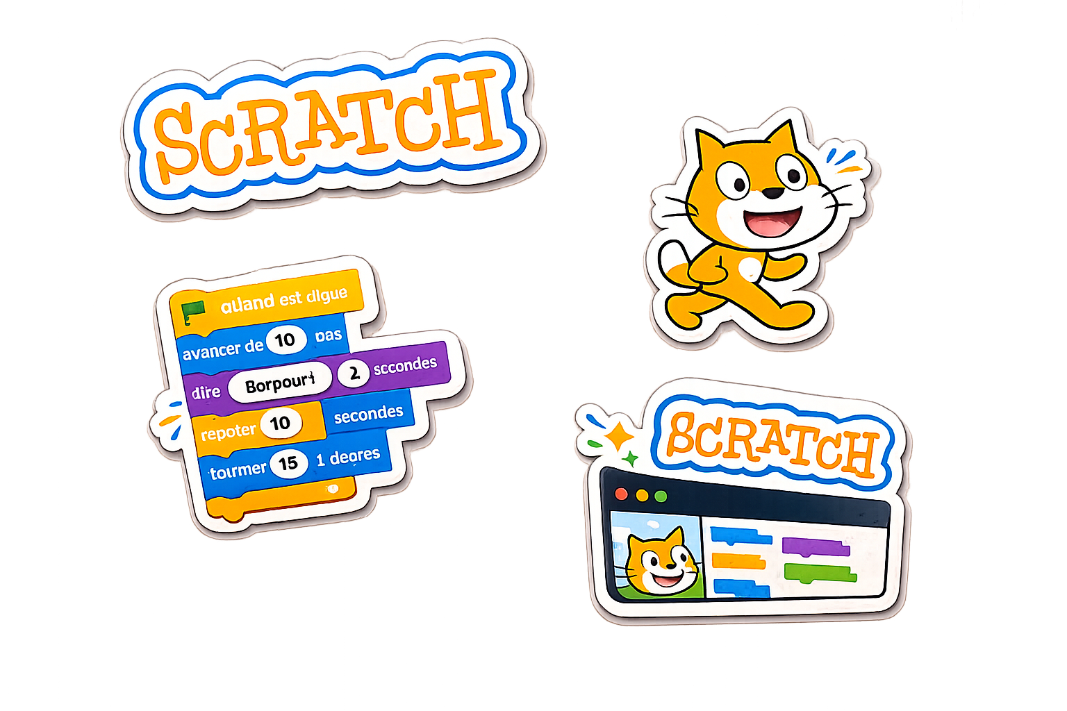 Illustration de l'application Scratch avec un personnage de chat, une fenêtre de navigateur affichant du code coloré, et des instructions en français pour un tutoriel.