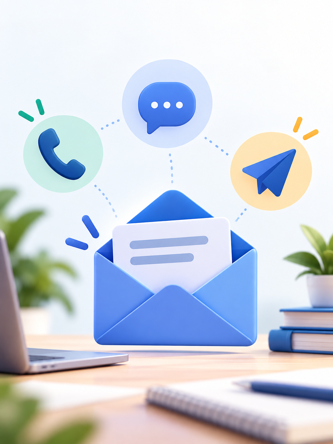 Illustration numérique d'une boîte mail ouverte avec des icônes de téléphone, de messagerie et d'application de messagerie.