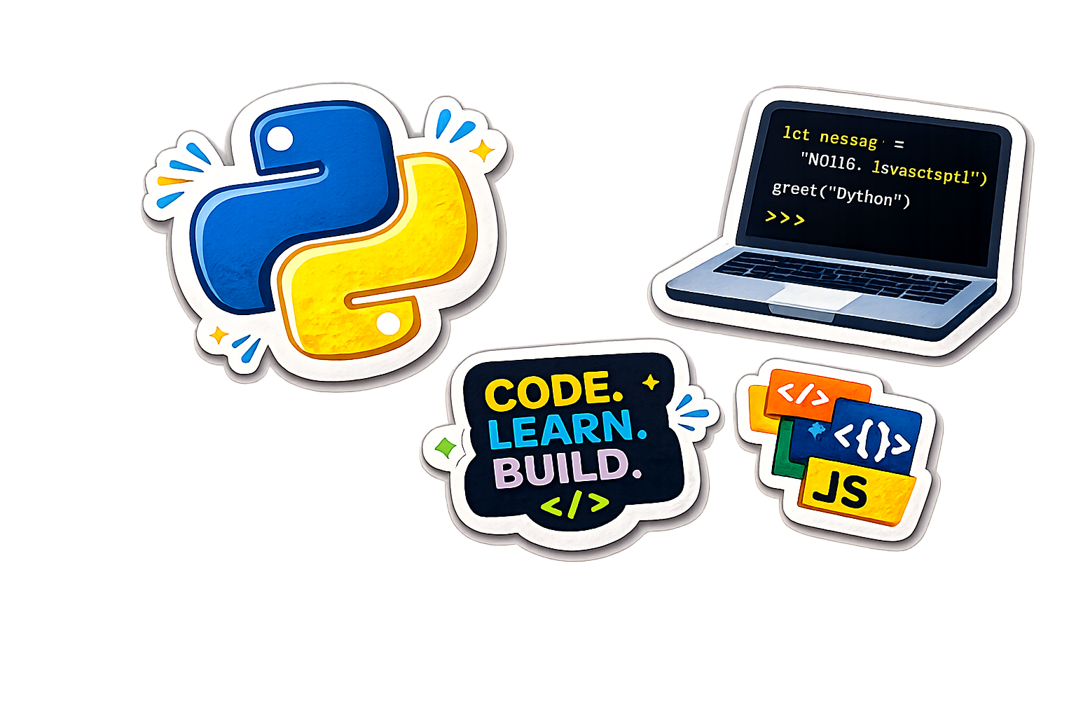 Illustration avec logo Python, ordinateur portable affichant du code, et plusieurs stickers liés à la programmation en Python et JavaScript.