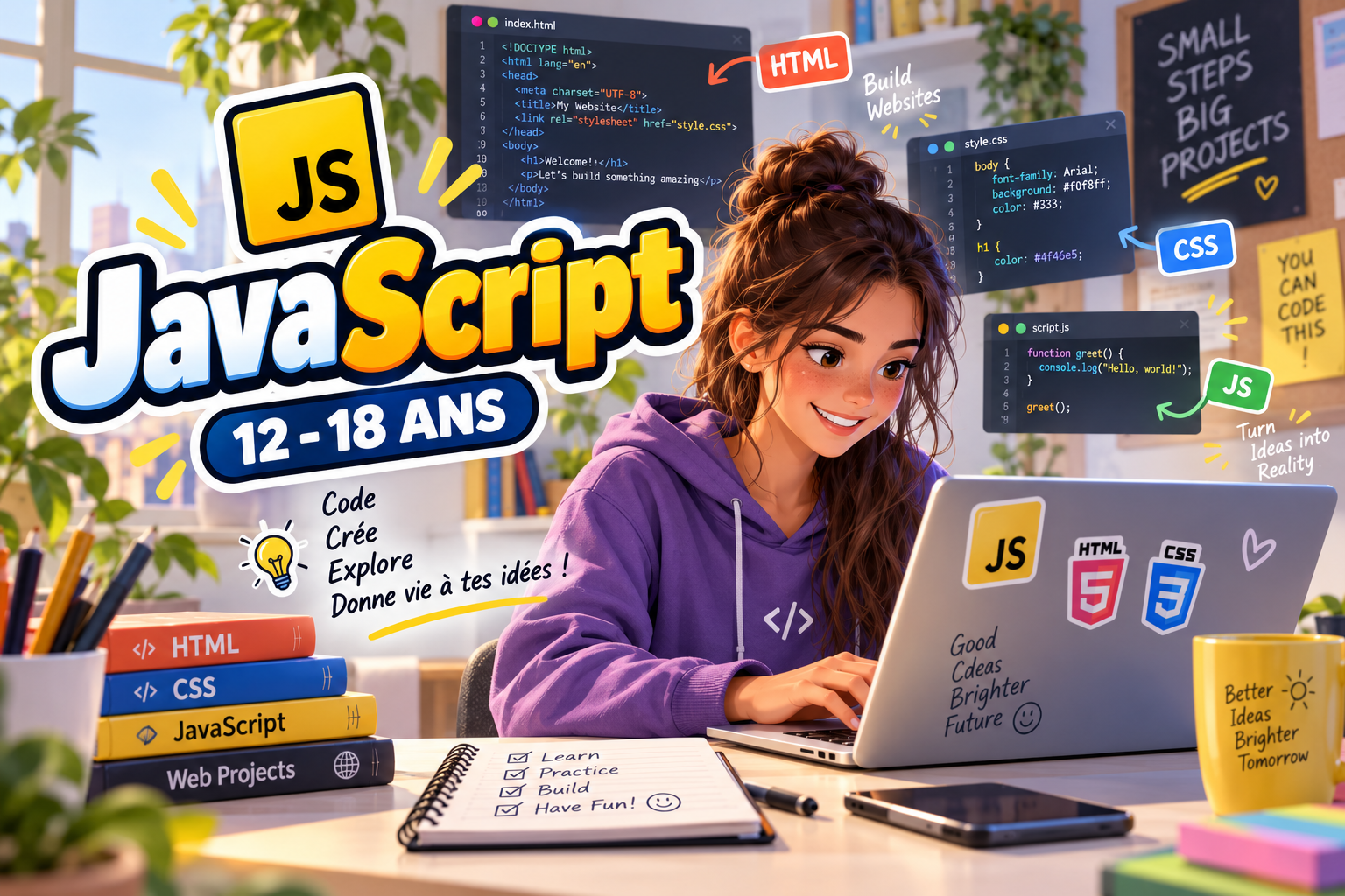 Une jeune fille souriante travaille sur un ordinateur portable dans un environnement lumineux avec des posters et des livres liés au développement web. L'image inclut du texte promotionnel pour l'apprentissage de la programmation JavaScript, HTML et CSS pour les adolescents, avec des icônes et des notes colorées autour.