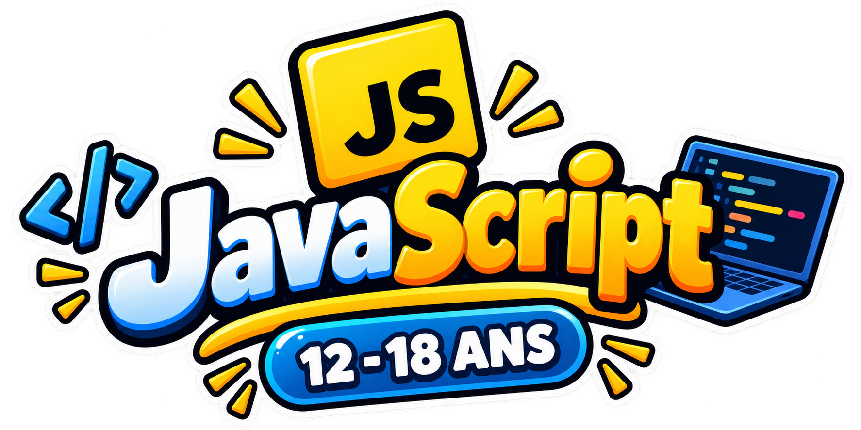 Logo coloré pour un atelier de programmation pour les jeunes, indiquant la tranche d'âge 12-18 ans, avec des éléments liés au code informatique, comme des symboles < />, du JavaScript, et un ordinateur portable.