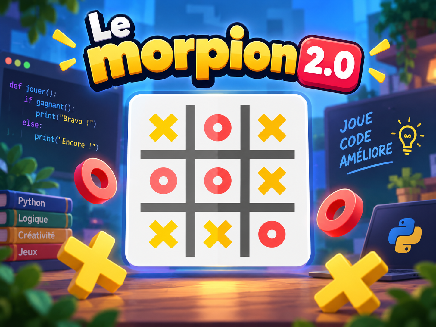 Capture d'écran du jeu de morpion (tic-tac-toe) numérique avec des jetons rouges et jaunes, entouré d'éléments liés à la programmation, à l'apprentissage et à la créativité, avec des livres sur Python, la logique, la créativité et les jeux. Fond de ville avec des décors verts, textes en français et icônes lumineuses.