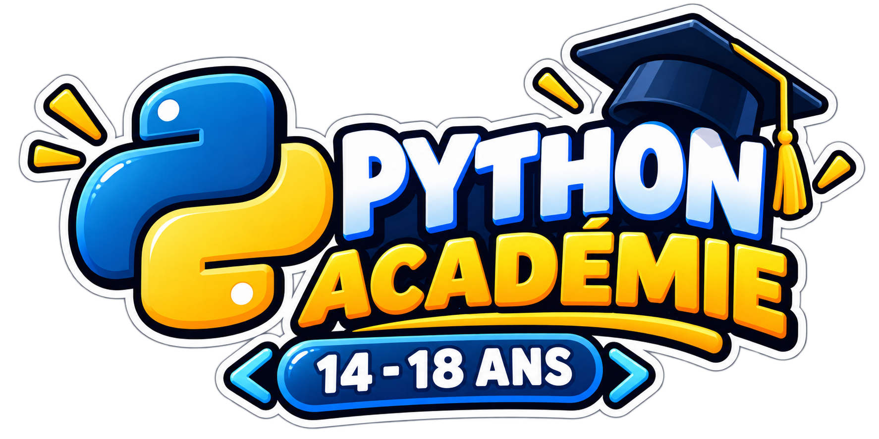 Logo coloré de l'Académie Python pour les jeunes de 14 à 18 ans, avec un serpent stylisé, un chapeau de diplômé, et des flèches de navigation.