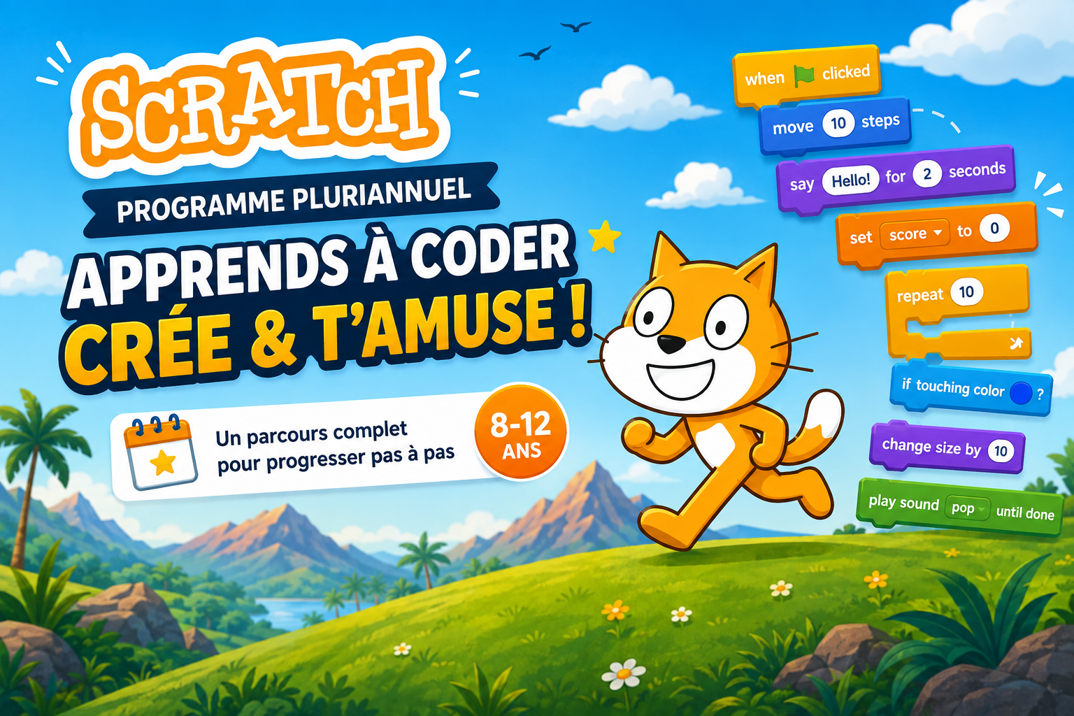Affiche promotionnelle pour un programme pour enfants de 8 à 12 ans pour apprendre à coder en s'amusant avec un chat orange coloré et un paysage de montagne, rivière, palmiers et ciel bleu avec des nuages.