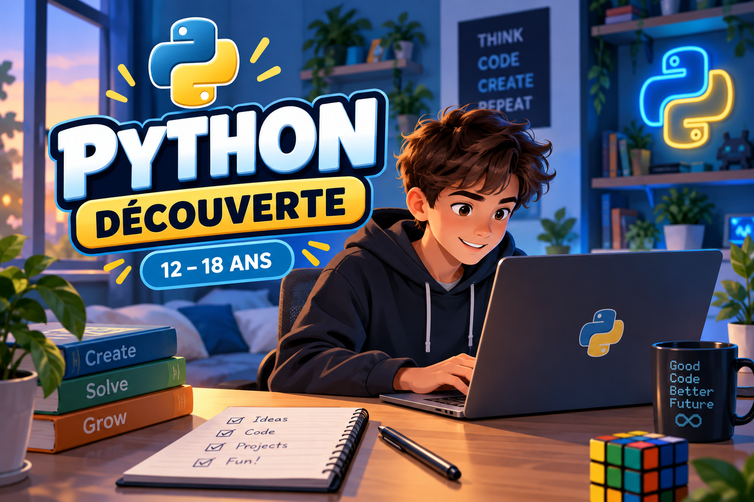 Une jeune personne souriante utilisant un ordinateur portable avec le logo Python, dans une pièce décorée avec des néons et des livres sur la programmation, promouvant la découverte du Python pour les 12-18 ans.