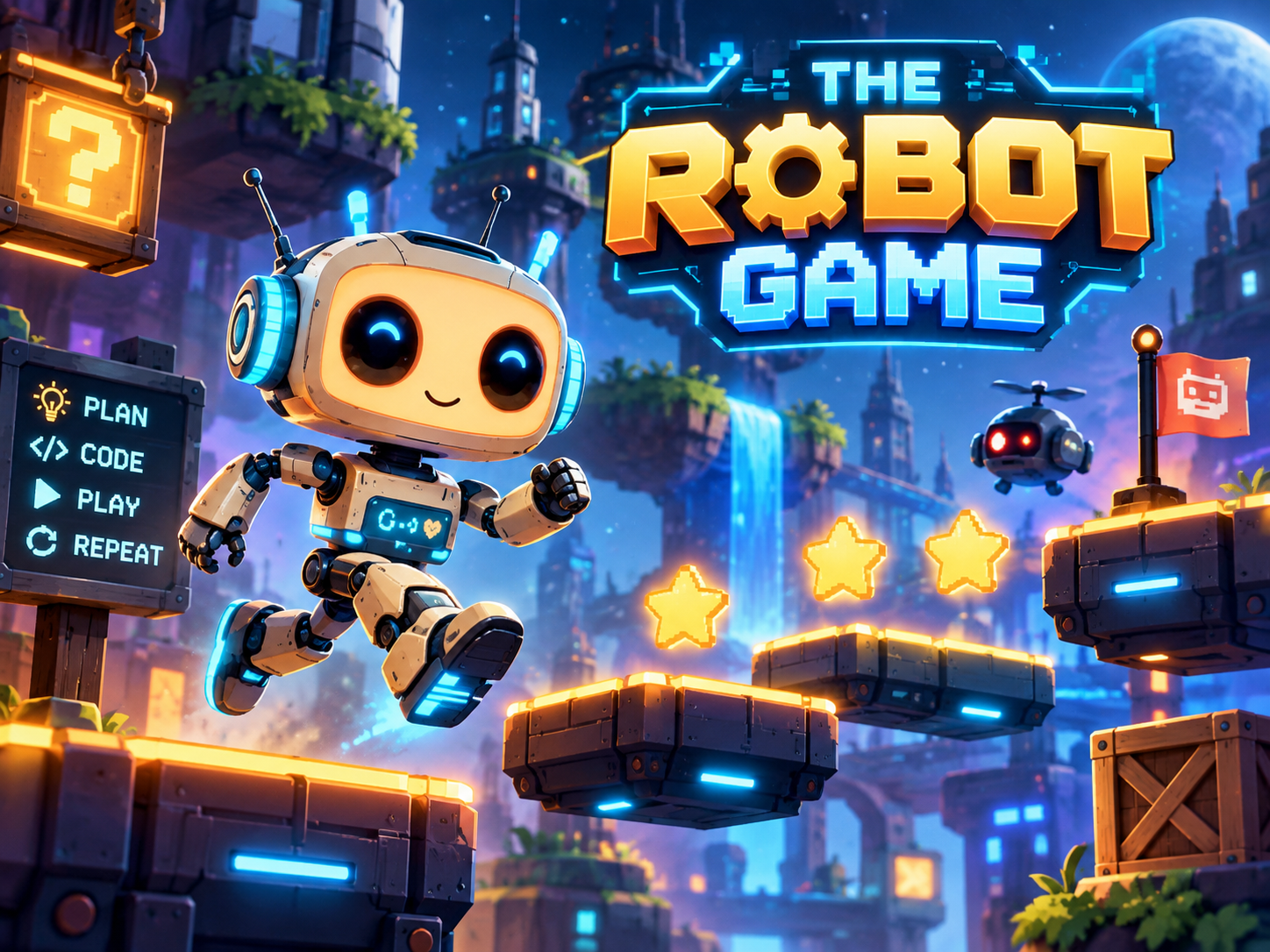 Capture d'écran d'un jeu vidéo avec un robot mignon sautant au-dessus d'obstacles, un fond futuriste avec des bâtiments, une cascade, et des éléments de style pixel art. Le texte indique 'The Robot Game', avec des étoiles et un menu à gauche.