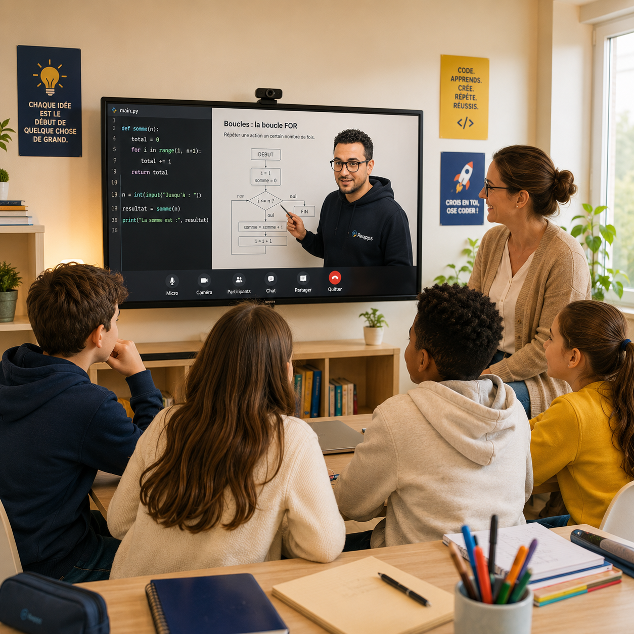 Un enseignant présente un cours de programmation en Python à un groupe d'élèves en classe. L'écran affiche un diagramme de flux et du code Python sur un tableau numérique.